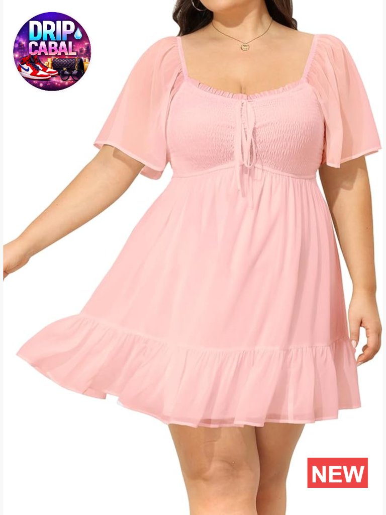Plus Size Sweetheart Neckline Smocked Chiffon Mini Sundress With Ruffle Sleeves